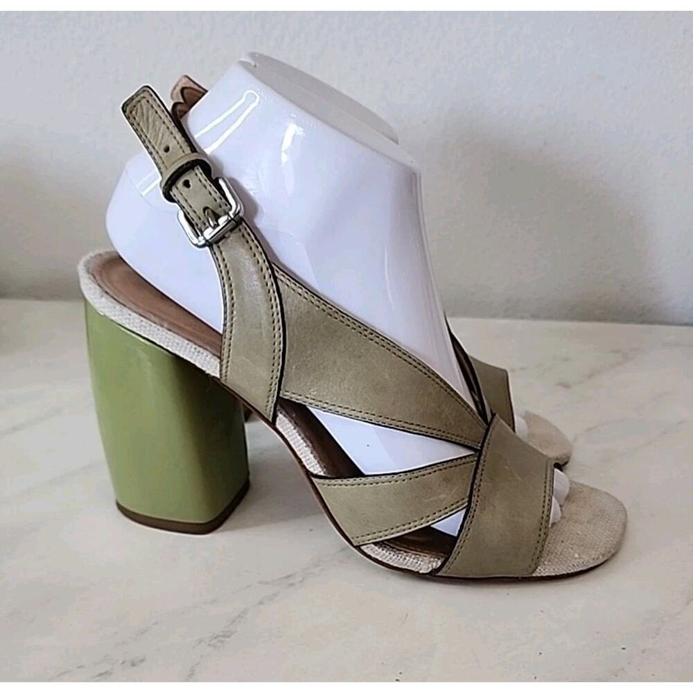 Anthropologie Vicenza Leather Women Jade Green Stacked 4" Heel Sandal Size 8 US - Picture 6 of 12